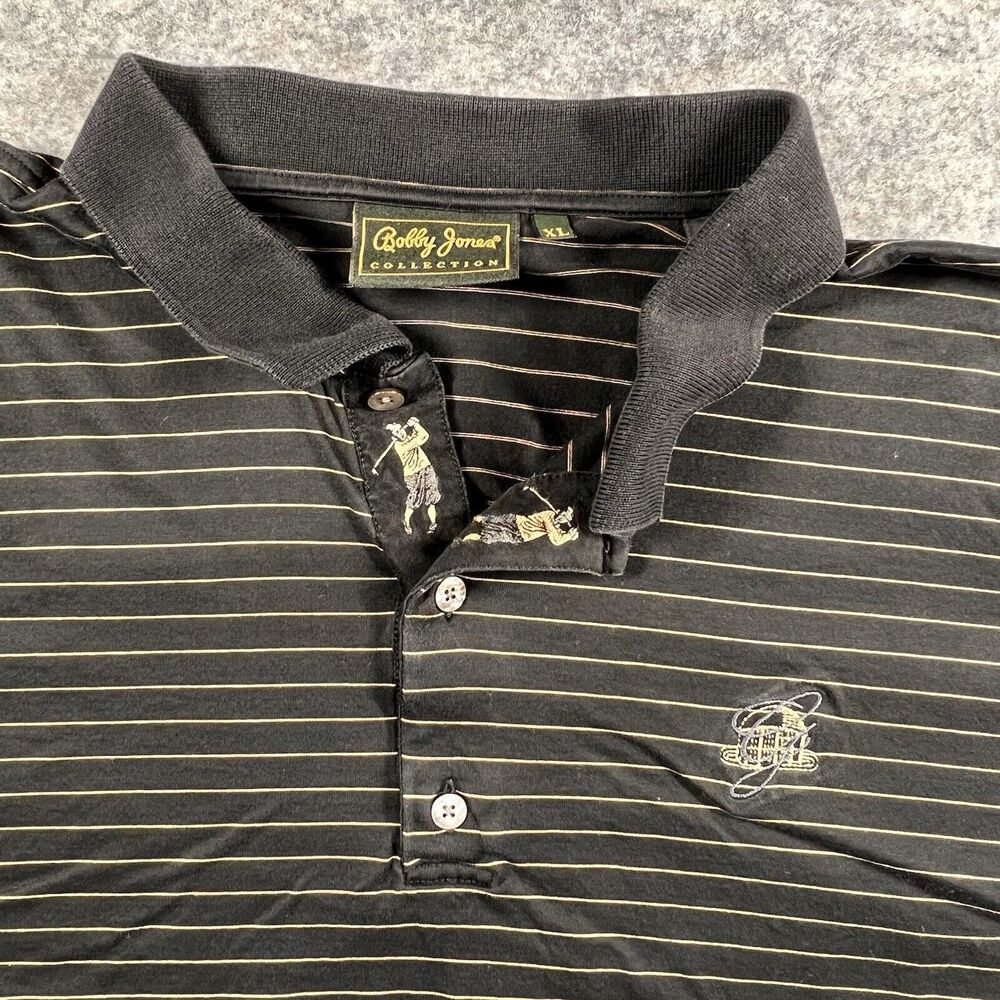 Bobby Jones Polo Men’s XL Golf Logo Embroidered Black Gold Striped Short Sleeve